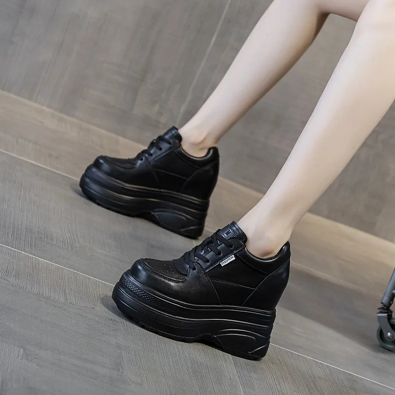 Fujin 12CM Wedge Pumps Autumn Genuine Leather Spring Spring Shoes Hidden Heels Moccasins Women Platform High Brand Female Shoes