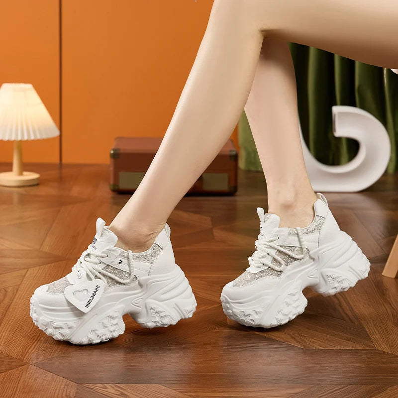 AUTUSPIN 10cm High Chunky Sneakers Women Newest Autumn 2025 Fashion Bling Bling Shoes Outdoor Lace-up Brand Platform Sneaker