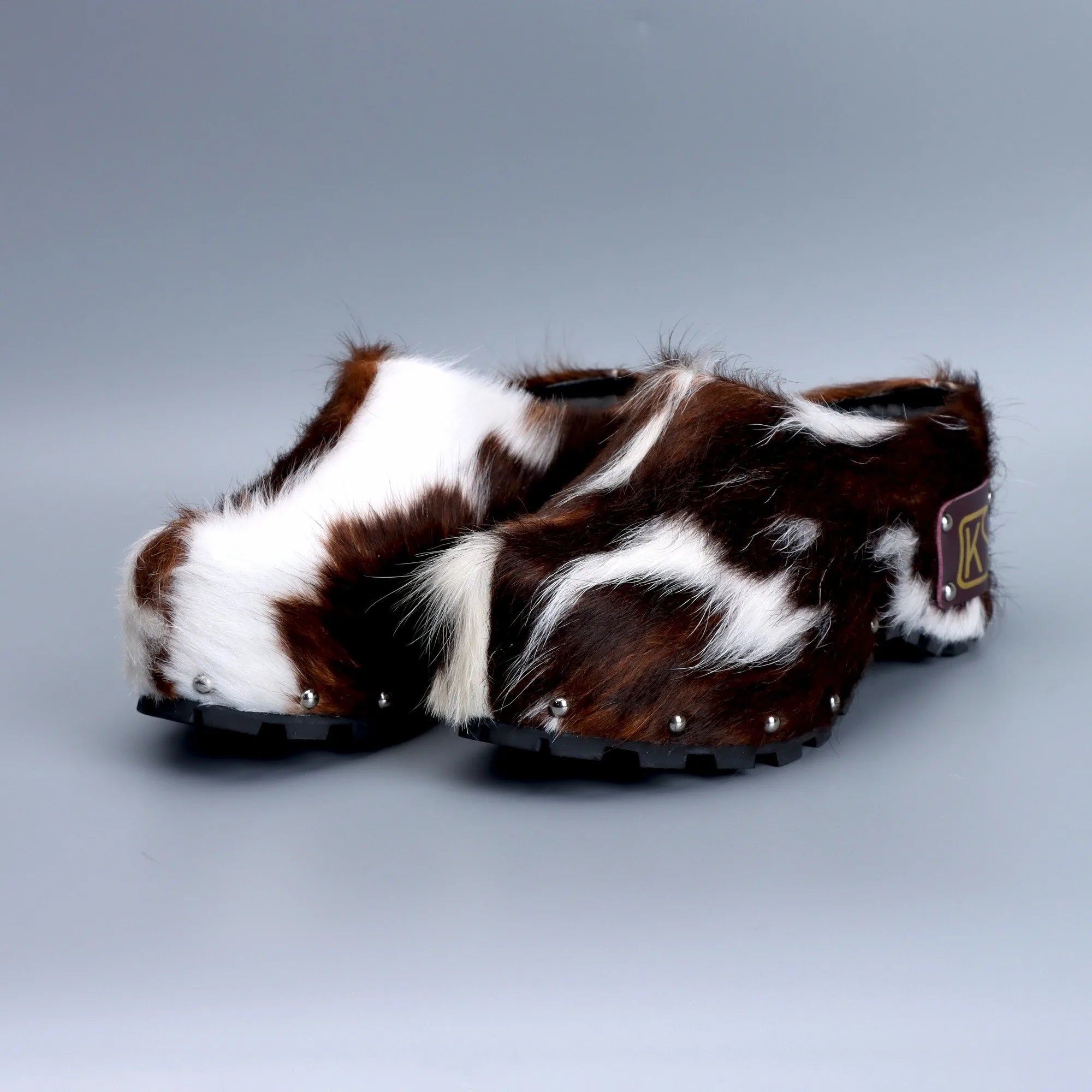 Handmade Luxury Studded Platform Fur Slippers with Natural Calf Hair,Leather Lining & Memory Foam Arch Support Clogs for All-Day