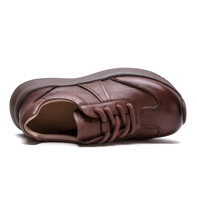 DRKANOL Women Thick Bottom Shoes Spring Autumn Lace-Up Casual Sneakers Quality Genuine Cow Leather Handmade Retro Platform Shoes