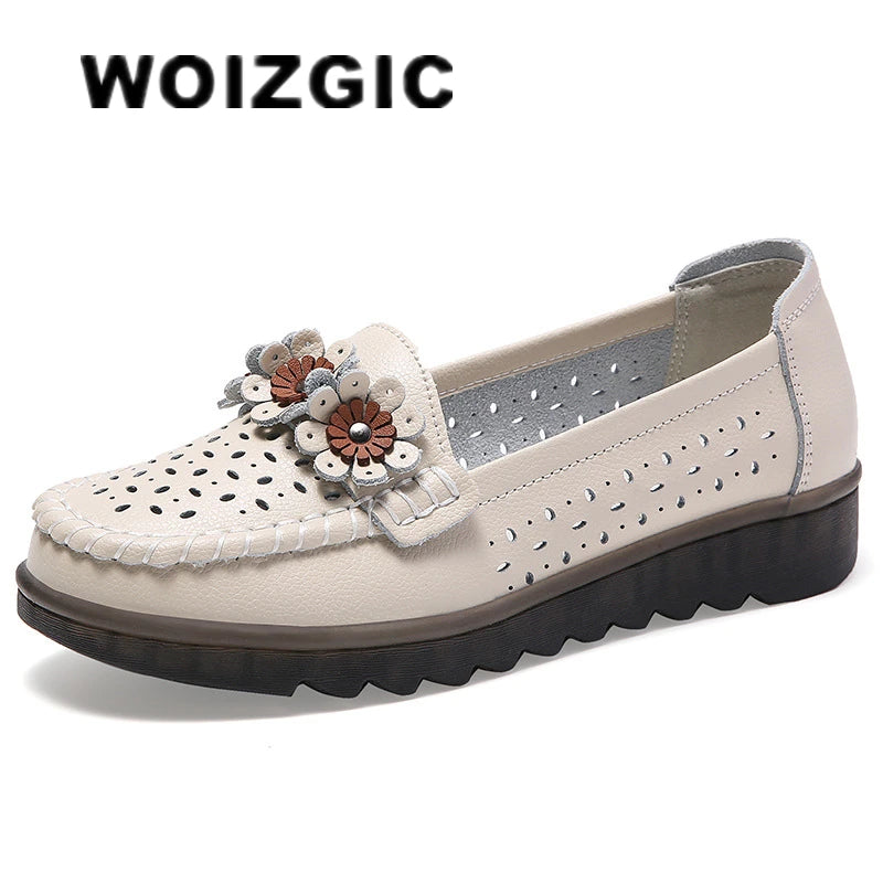 WOIZGIC Femmes Femmes Dames Mère Chaussures En Cuir Véritable Appartements Mocassins Plateforme Creux Sans Lacet Été Cool Fleurs Mocassins