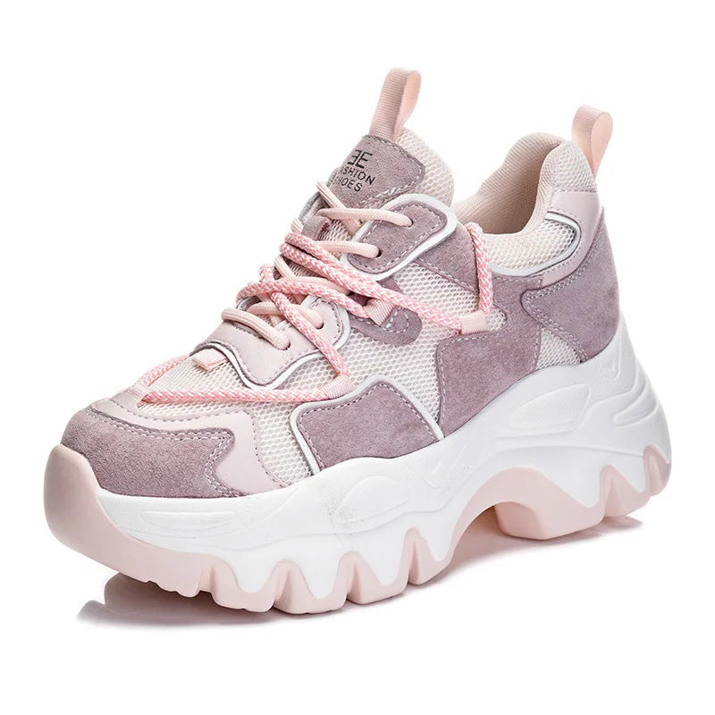 Koznoy 8CM Air Mesh Suede Genuine Leather Thick Bottom Flats Chunky Sneakers Women Causal Platform Wedge Summer Fashion Shoes