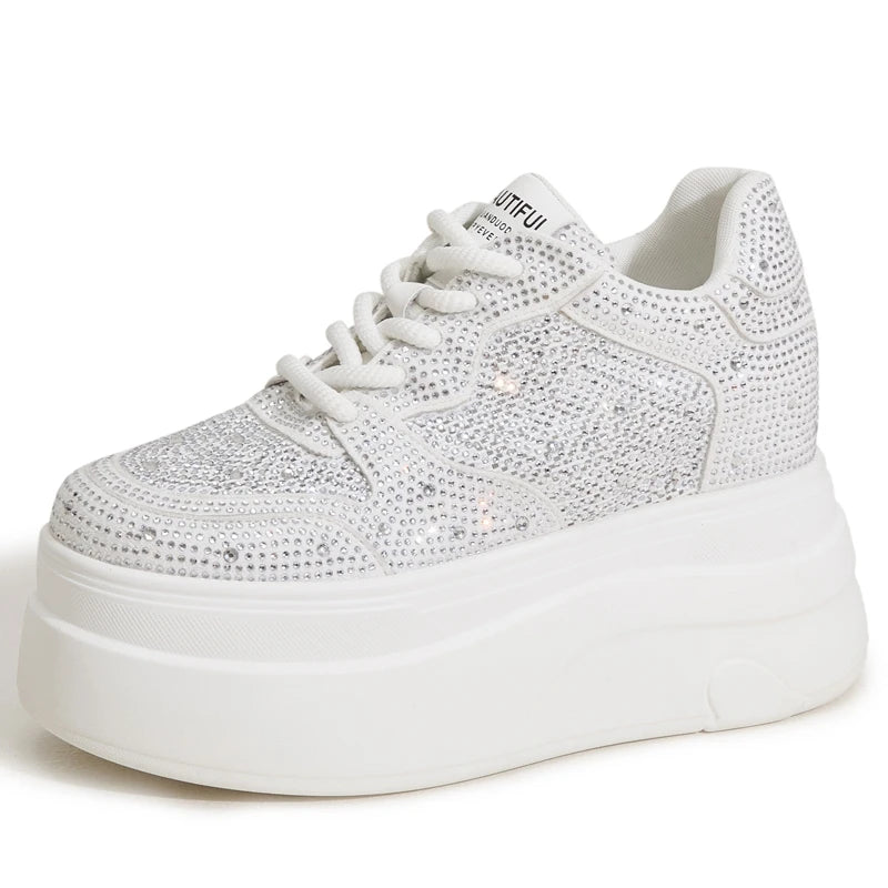 AUTUSPIN 10cm Full Crystal Women Shoes High Internal Increased Height Woman Shoes Fashion Shiny Rhinestones Platform Sneakers
