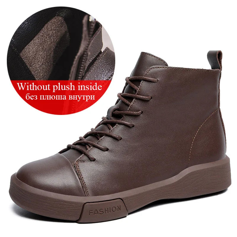 DRKANOL 2025 Fashion Women Flat Ankle Boots 100% Cow Genuine Leather Round Toe Autumn Winter Warm Casual Short Boots Black Brown