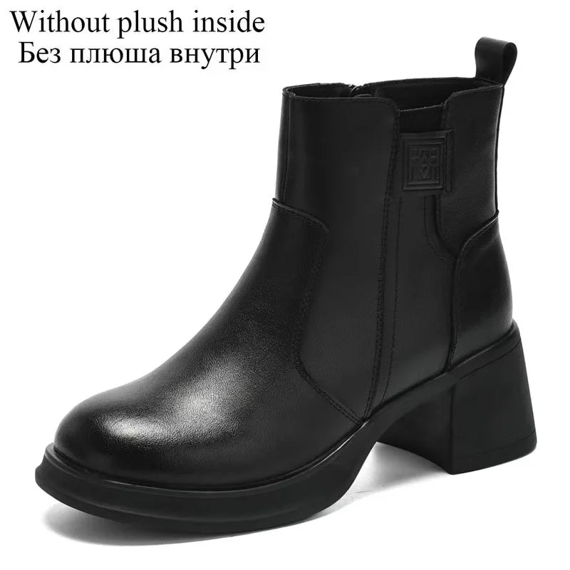 DRKANOL 2025 Women High Heel Ankle Boots Autumn Winter Plush Warm Shoes Quality Real Cowhide Trend Thick Heel Casual Short Boots