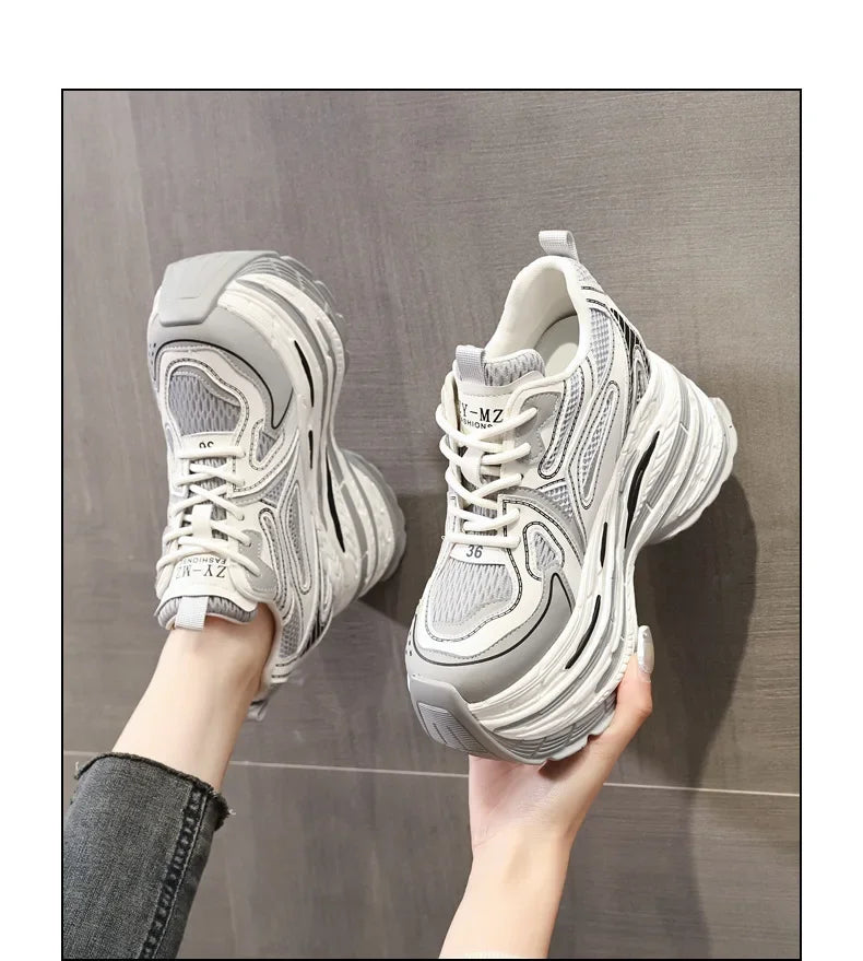 Koznoy 10CM Air Mesh Microfiber Leather Autumn Vulcanize Fashion Women Chunky Sneakers Mixed Color Platform Wedge Causal Shoes