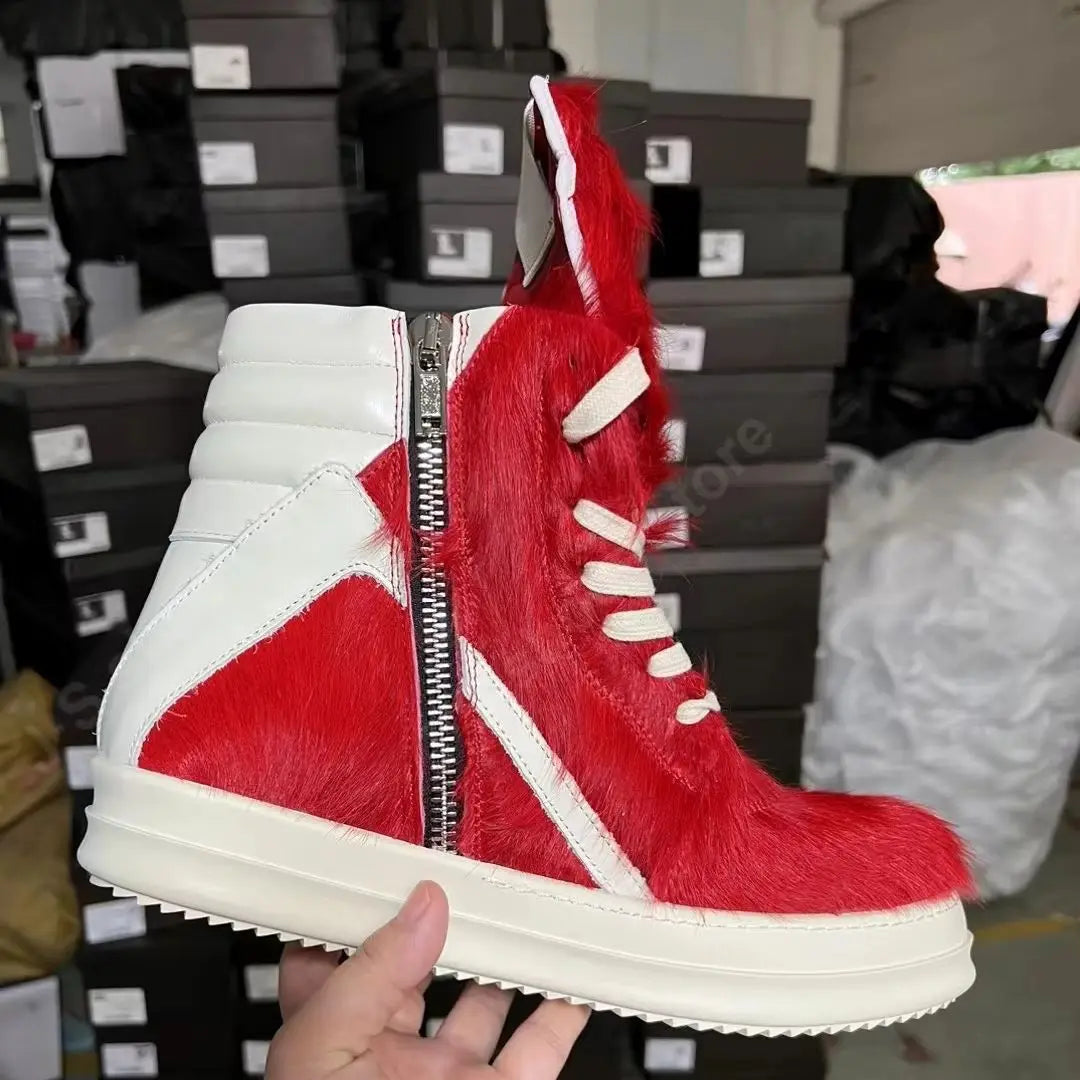 R-o Classic Design Men Shoe Red Horse Hair Women High Top Shoes Boots Zippe Red Horsehair With White Leather Ankle Boot Sneakers