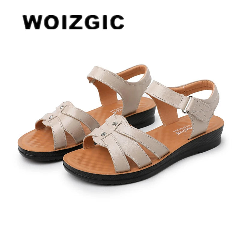 WOIZGIC Sandales en cuir véritable pour femmes, chaussures à plateforme, antidérapantes, pour l'été, la plage, avec boucle à crochet, grande taille 42 43