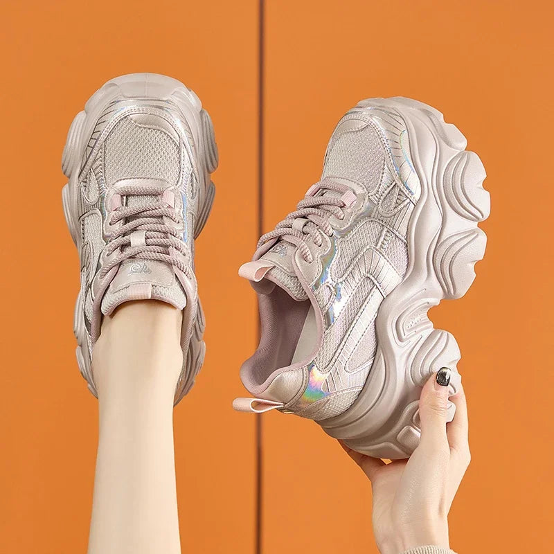 AUTUSPIN 9.5CM Thick Soled Women Pink Shoes Spring Summer Breathable High Platform Sneakers Outdoor Korea Style Footwear Woman