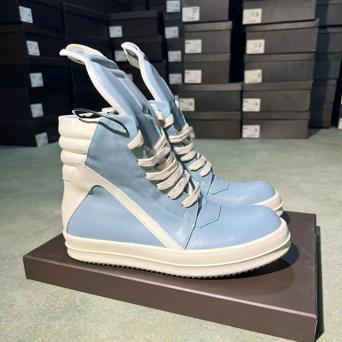 Brand Men Shoe R-o Wathet Blue Leather High Top Shoes Sneaker Women Boots Casual Shoes Zipper Geobasket Ankle Boot Sneakers
