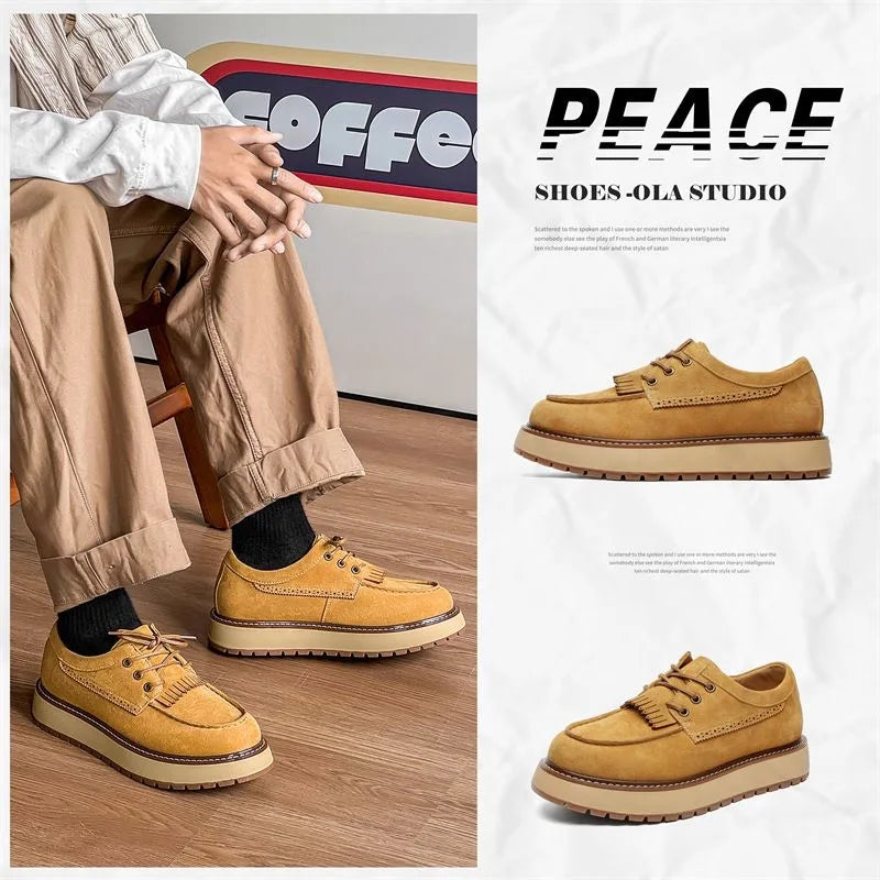 Men's Casual Oxford Shoes Leather Yellow Round Toe Business Platform Shoes Lace-up Tassels Shoe Comfortable Breathable Shoes