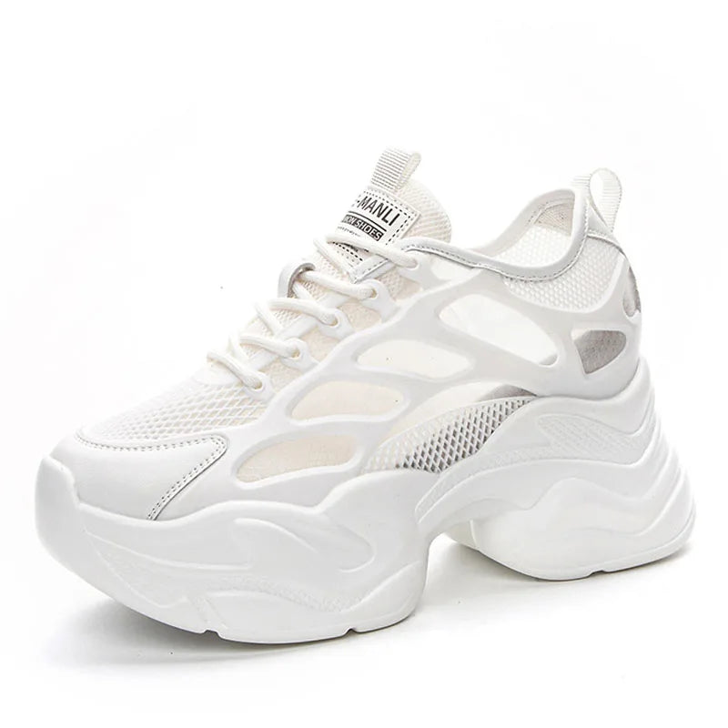 DRKANOL 2025 Fashion Women Thick Sole Casual Sneakers Summer Breathable Air Mesh Height Increasing Wedges White Vulcanized Shoes