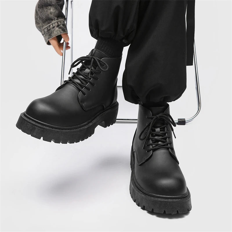 STRONGSHEN Men Ankle Boot High-top Platform Motorcycle Boots Outdoor Fashion Classic Punk Boots Non-slip Leather Casual Shoes