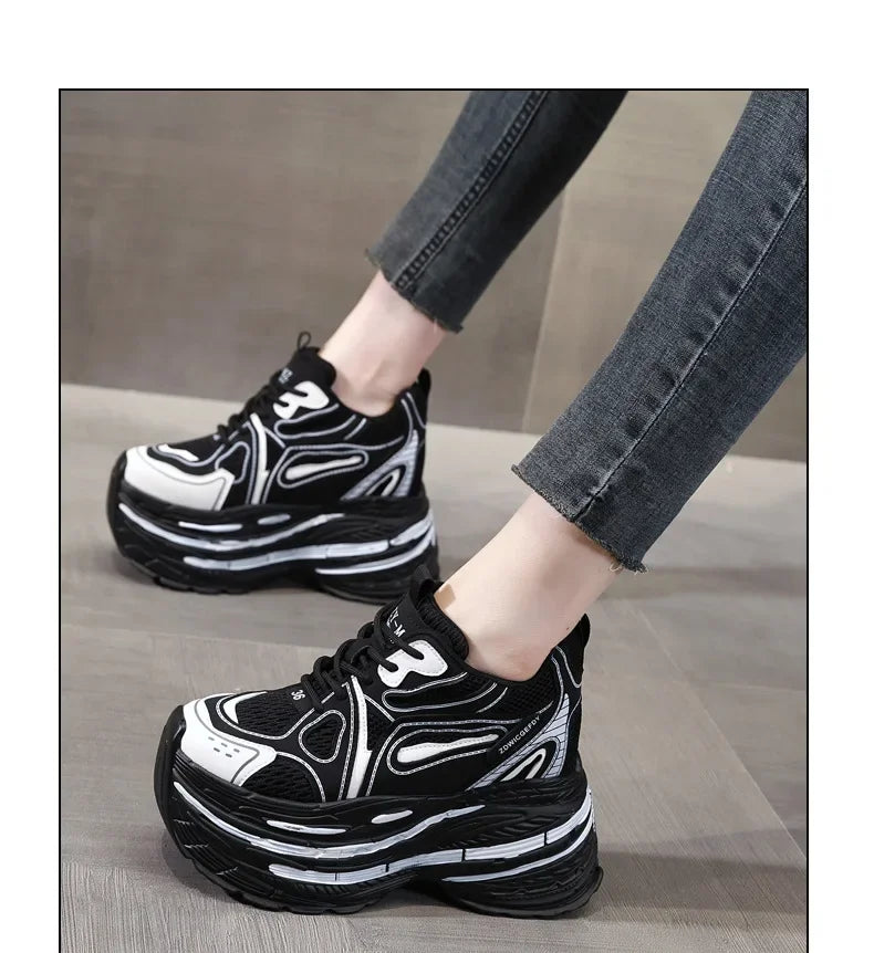 Koznoy 10CM Air Mesh Microfiber Leather Autumn Vulcanize Fashion Women Chunky Sneakers Mixed Color Platform Wedge Causal Shoes