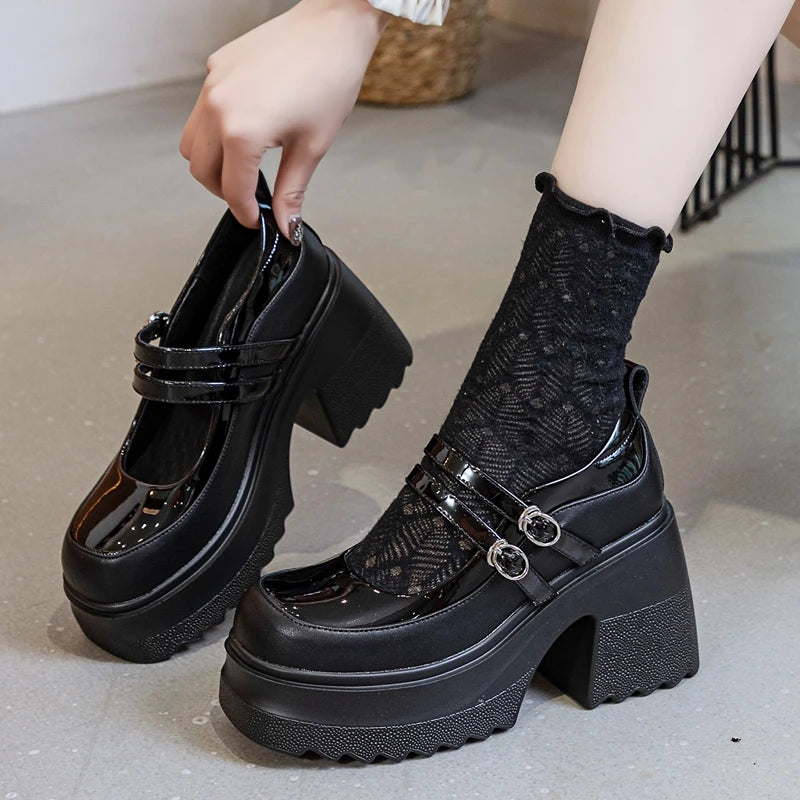 AUTUSPIN 10cm Mary Jane Women Pumps Fashion Platform Thick High Heels Spring Autumn Japanese Style Patent Split Leather Shoes