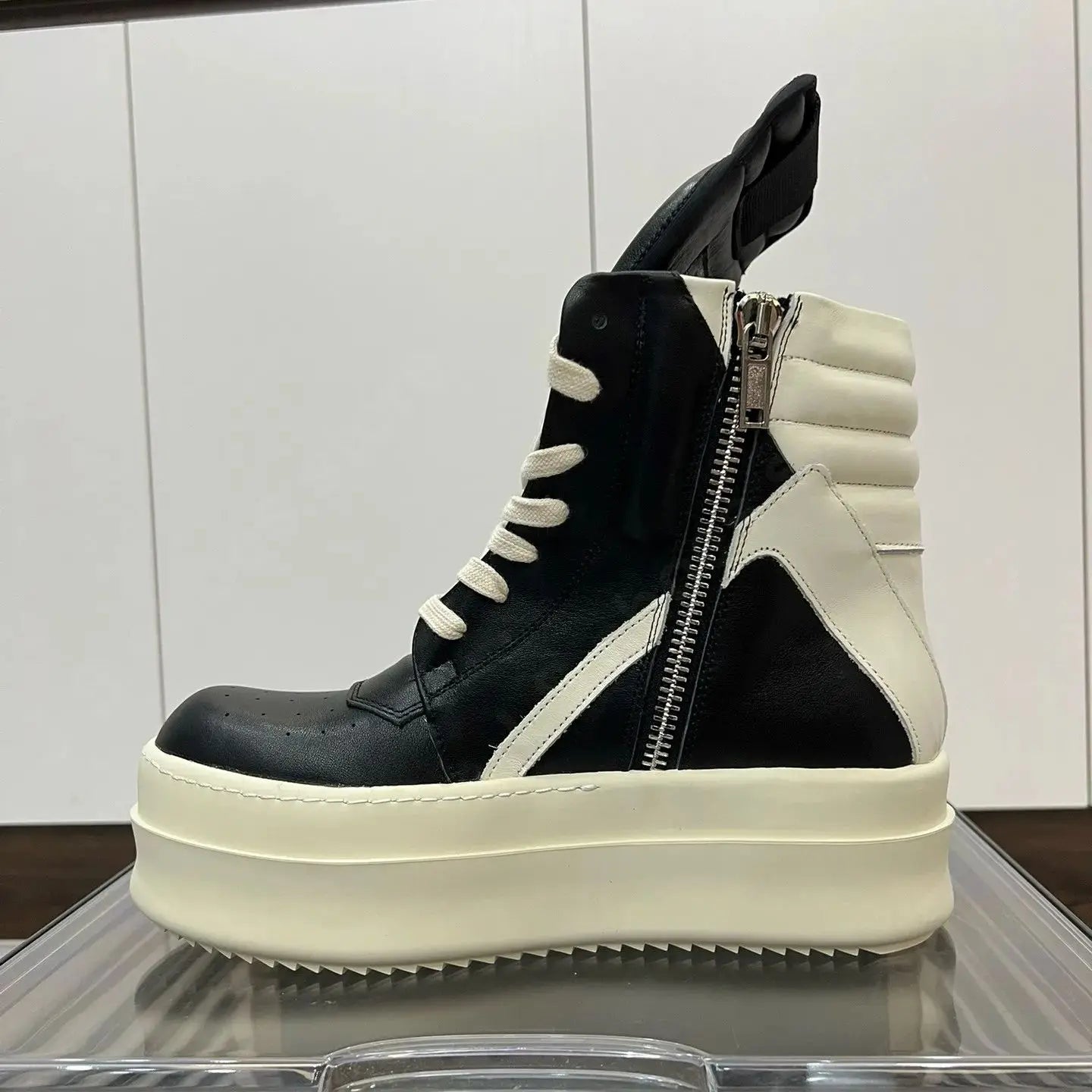 R-o Luxury Designer Men Shoe Women Sneaker Ankle Boot High Top Casual Shoes Black Leather Zipper 6cm Thick Sole Sneakers Boots