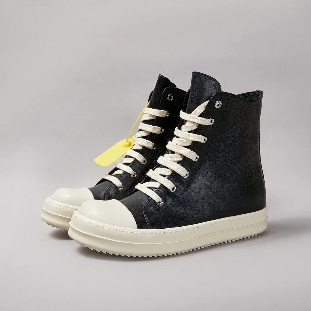 Brand Ro Shoe Men High Top Shoes Black Leather Sneakers Cowhide Women Boots Luxury Casual Sneaker Laces Zipper Flat Ankle Boot