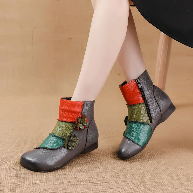 WOIZGIC Bottes en cuir véritable pour femmes, chaussures à la cheville, fermeture éclair, style ethnique, automne, fourrure en peluche, fleur chaude