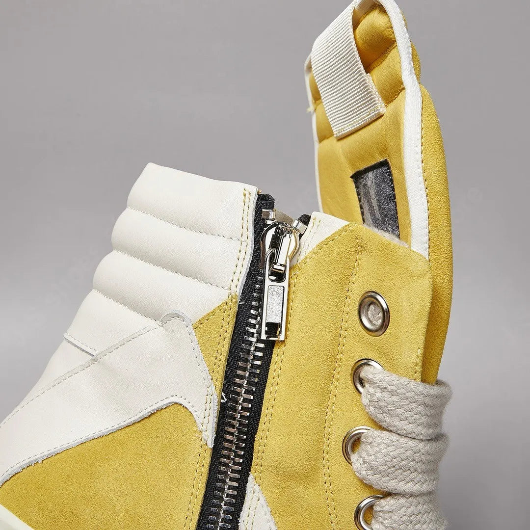 Ro Men Shoe Yellow Suede Boots Outoor High Top Casual Shoes Jumbo Laces White Leather Zipper Women Sneaker Cowhide Ankle Boot