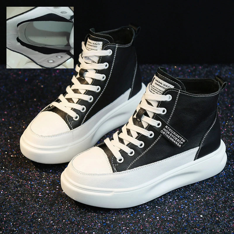 Fujin 5.5cm Genuine Leather Women Ankle Boots Platform Shoes High Top Sneakers White Spring Autumn Warm Fur Women Winter Shoes