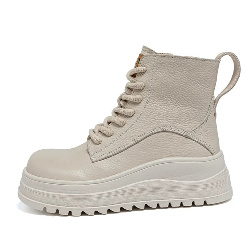 DRKANOL 2025 Genuine Leather Ankle Boots For Women Wedges Height Increasing Chunky Platform British Style Leisure Short Boots