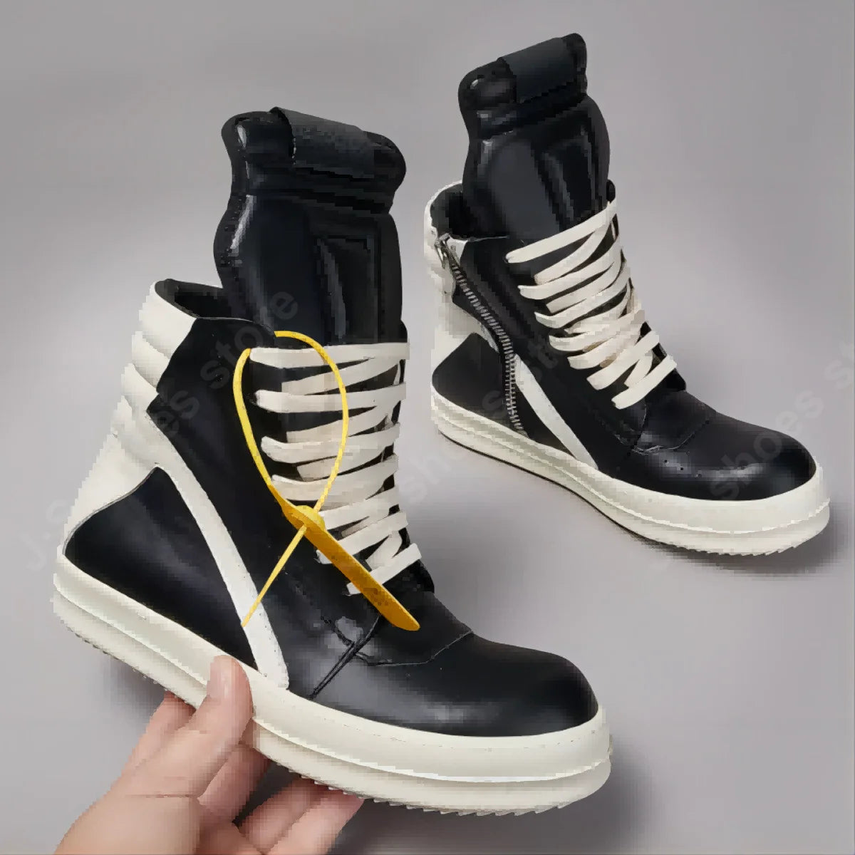R-o Men Shoe Brand Sneaker Black Leather Ankle Boot High Top Casual Shoes Women Boots Zipper Lace Up Thick Sole Sneakers