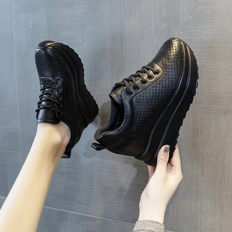 Fujin 10cm Genuine Leather Vulcanized Platform Wedge Casual Women Summer Shoes Fashion Sneakers Hollow Heels Increase Shoes