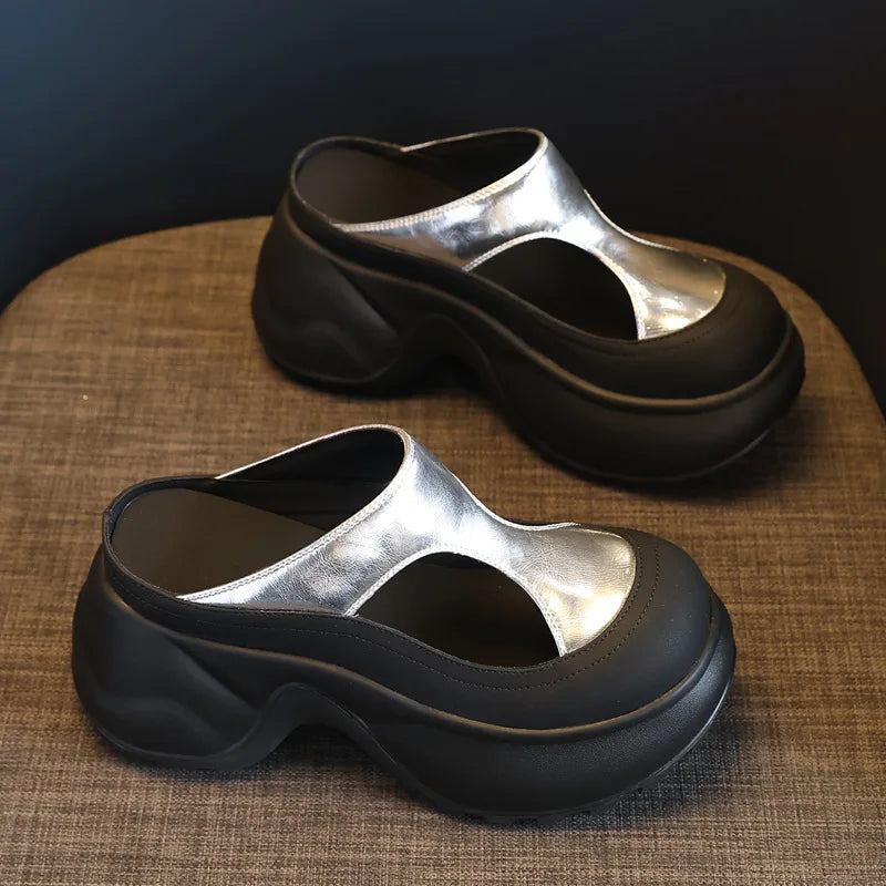 Fujin 9cm Synthetic Microfiber Leather Women Sandals Hollow Bling Vulcanize Slipper Platform Wedge Flats Chunky Sneakers Shoes