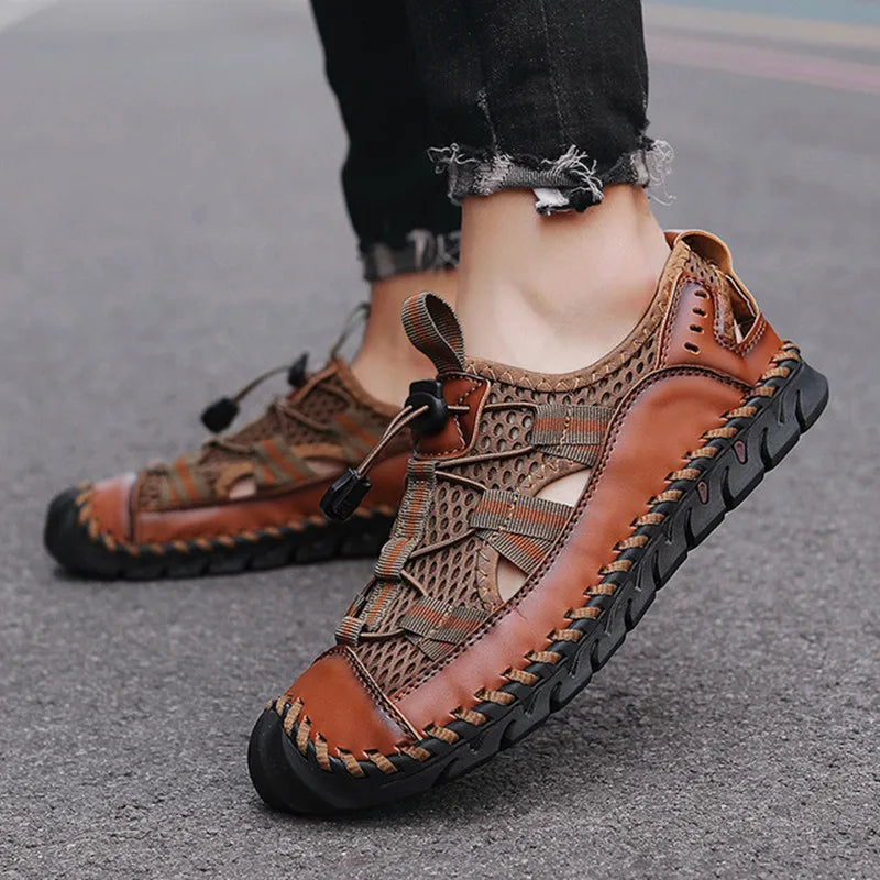 Sandales d'été respirantes pour hommes, sandales romaines tendance, faites à la main, en maille, chaussures décontractées pour hommes, plateforme, sandales de plage pour hommes