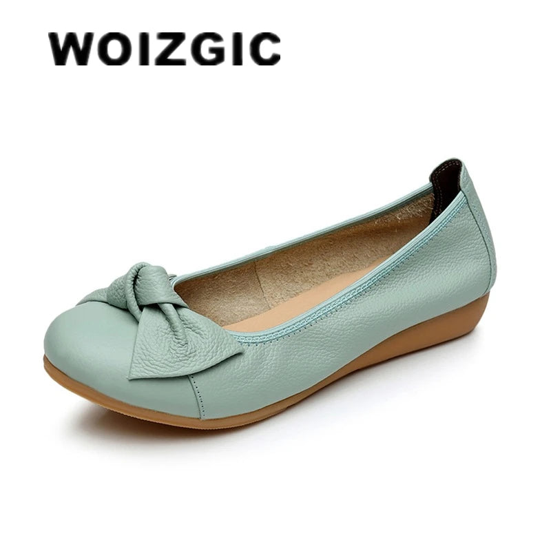 WOIZGIC Women Shoes Mother Flats Casual Cow Genuine Leather Round Bowknot Slip On Loafers Pigskin Vintage 35-40 HN-306