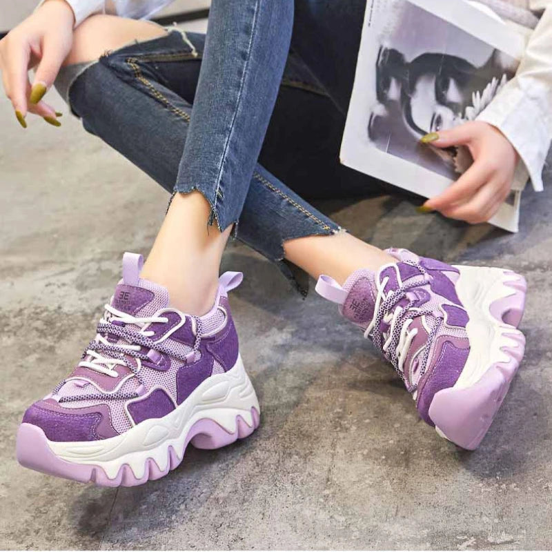 Koznoy 8CM Air Mesh Suede Genuine Leather Thick Bottom Flats Chunky Sneakers Women Causal Platform Wedge Summer Fashion Shoes
