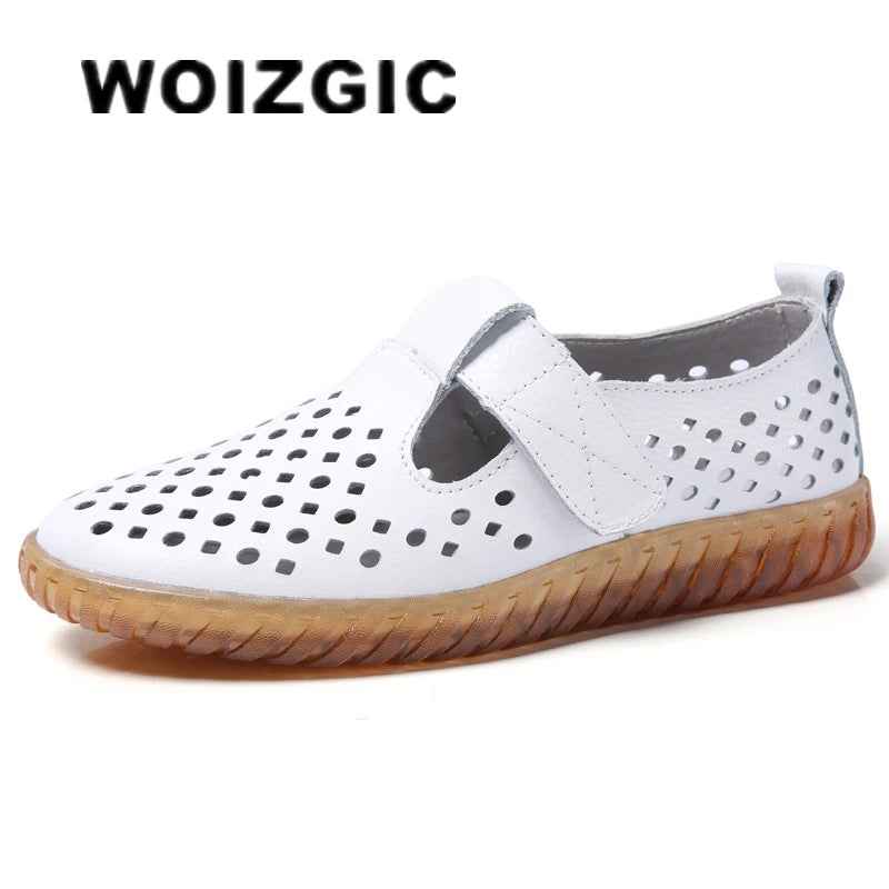WOIZGIC Women's Mother Female Genuine Leather White Shoes Sandals Loafers Moccasins Hook Loop Outdoor Cool Beach Summer Hollow