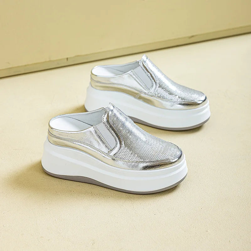 Fujin 7.5cm Patent Genuine Leather Platform Autumn Breathable Pumps Summer Spring Synthetic Chunky Heels Mary Jane Slipper Shoes