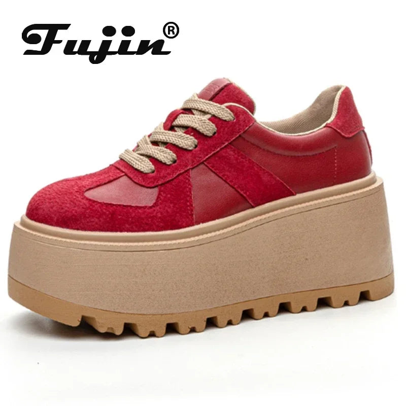 Fujin 8cm Suede Leather Mesh Platform Shoes Wedge Sneakers for Women Hidden Heel Increased Shoes Spring Autumn Sneakers Female