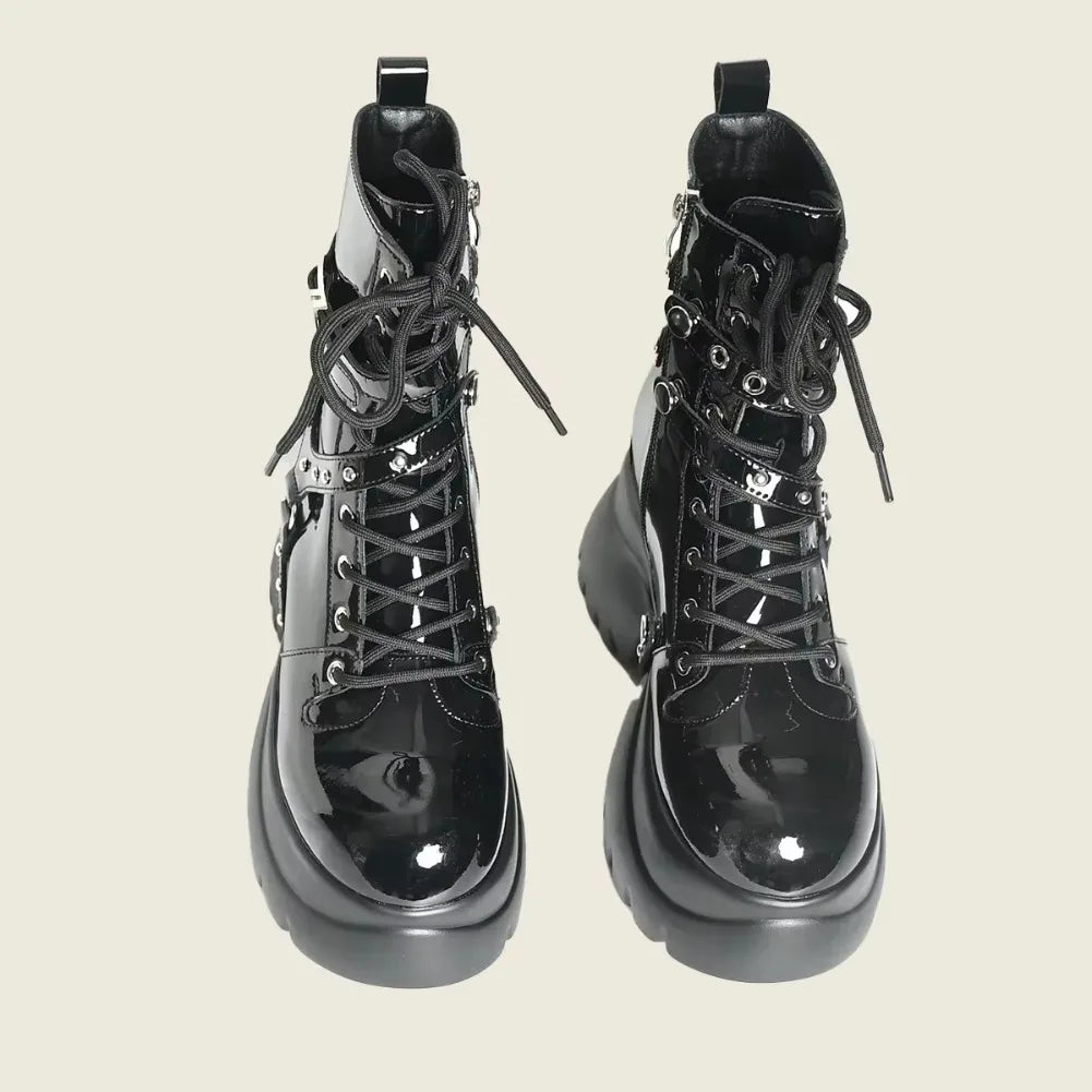 Fujin 10cm Genuine Leather Women Boots Women Motorcycle Boots Ankle Punk Style Combat Boots Platform Heel Wedge Chunky Booties