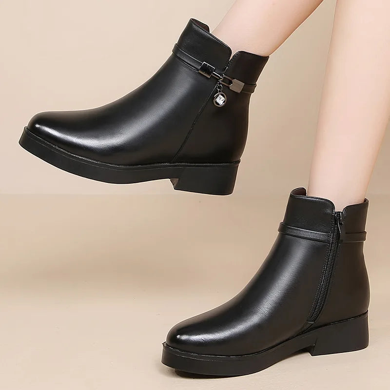 WOIZGIC Femmes Mère Femme Dames En Cuir Véritable Bottines Bottes Plateforme Laine Peluche Fourrure Chaude Hiver Fermeture Éclair Grande Taille 42 43