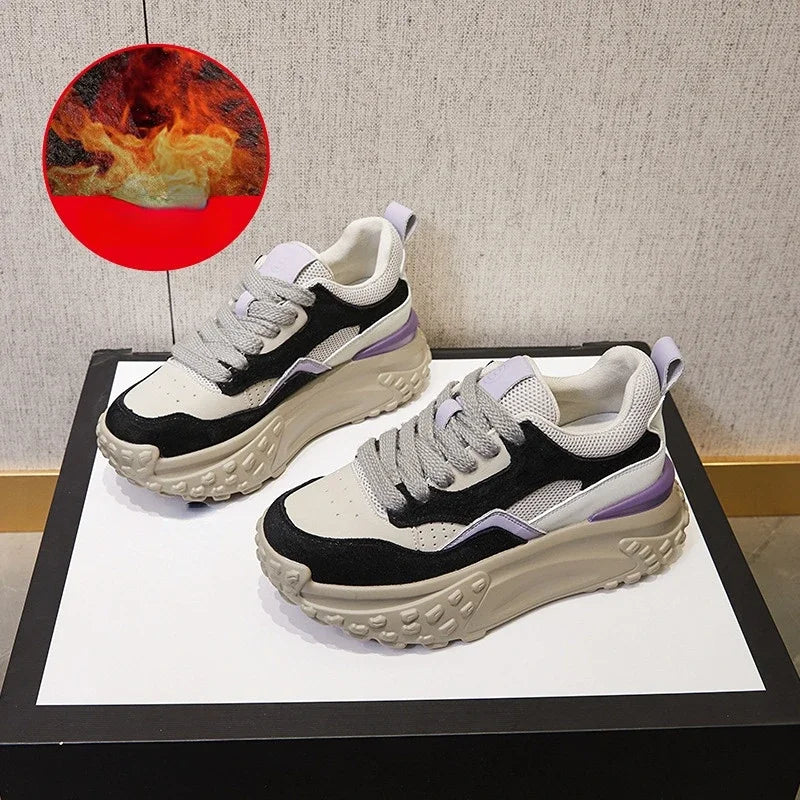 Fujin 6cm Genuine Leather Platform Mesh Breathable Sneakers Chunky Hidden Heel Mixed Color Women Autumn Spring Vulcanize Shoes