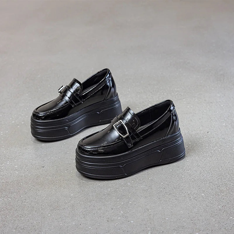 Fujin 8.5cm Patent Leather Platform Wedge Autumn Breathable Slip on Pumps Spring Synthetic Mary Jane Shoes