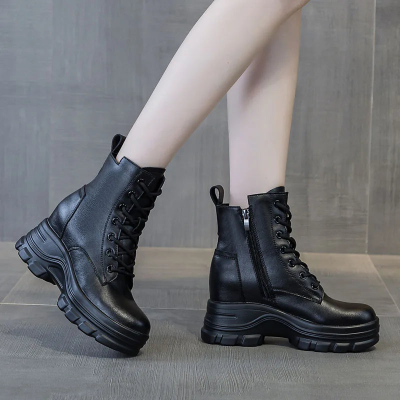 DRKANOL Fashion Women Height Increasing Boots Autumn Winter Warm Plush Platform Ankle Boots For Women Real Cowhide Wedges Shoes