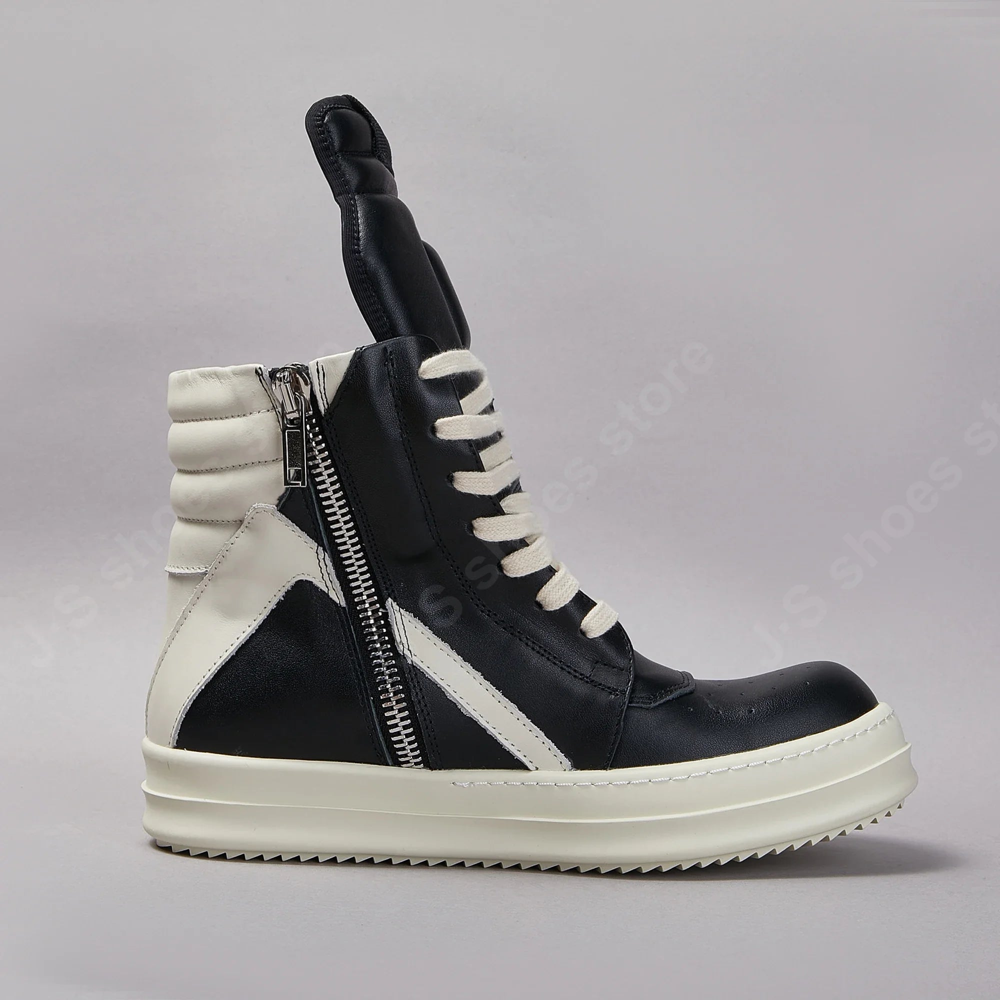 R-o Men Shoe Brand Sneaker Black Leather Ankle Boot High Top Casual Shoes Women Boots Zipper Lace Up Thick Sole Sneakers