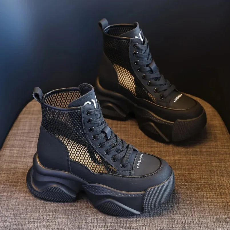 Fujin 8cm Women Breathable Platform Chimney Hollow Fashion Summer Shoes Air Mesh Genuine Leather Synthetic Mid Calf Ankle Boots