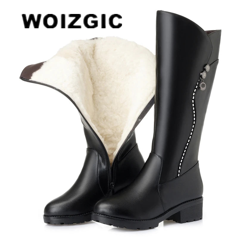 WOIZGIC Bottes en cuir véritable pour femme, plateforme, laine, fourrure, chaudes, hiver, talon moyen, fermeture éclair, grande taille 42 43