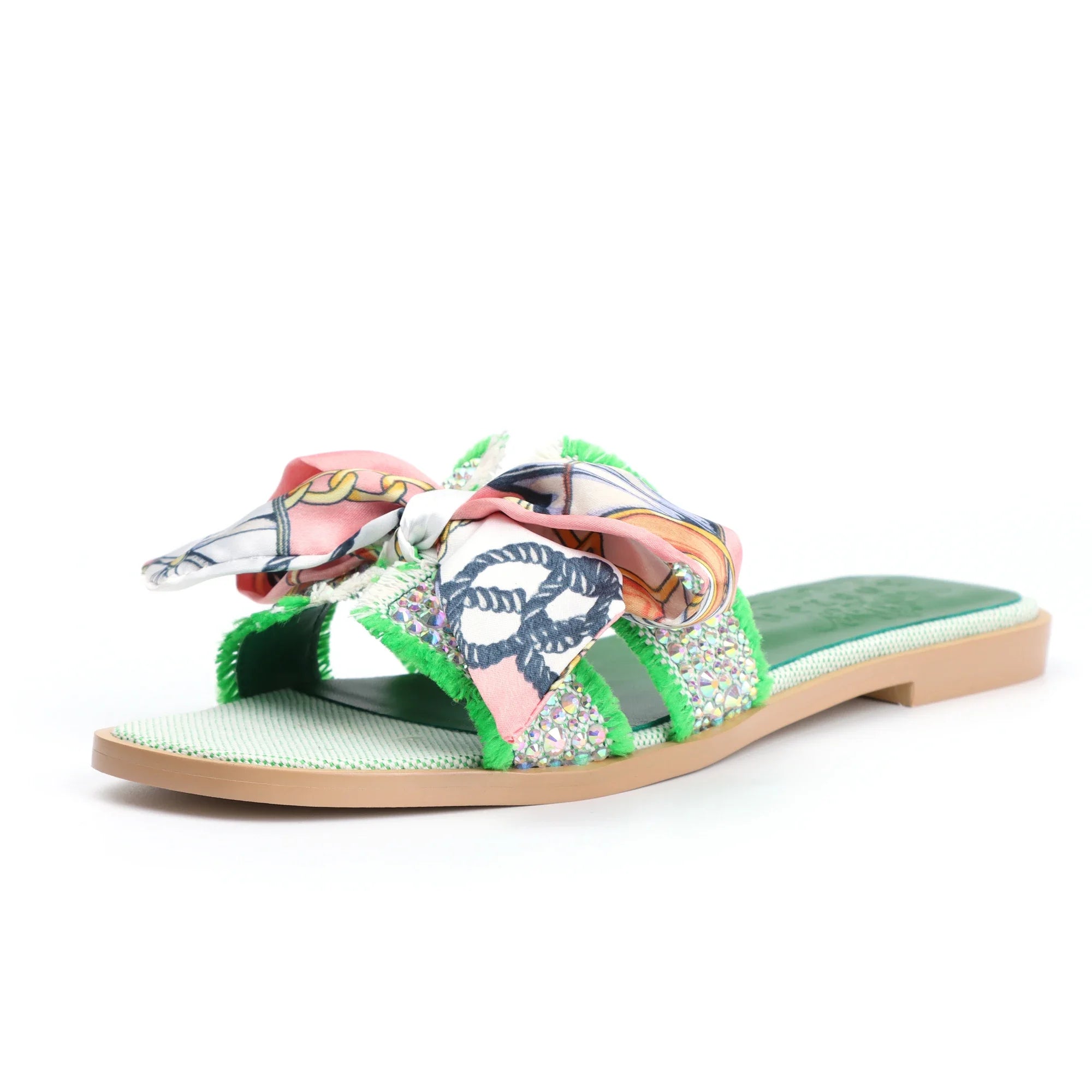 Women's Green Flat Luxury Rhinestone Sandals, Slip on Designer Slides Summer Fall Shoes Cute Open Toe Slippers
