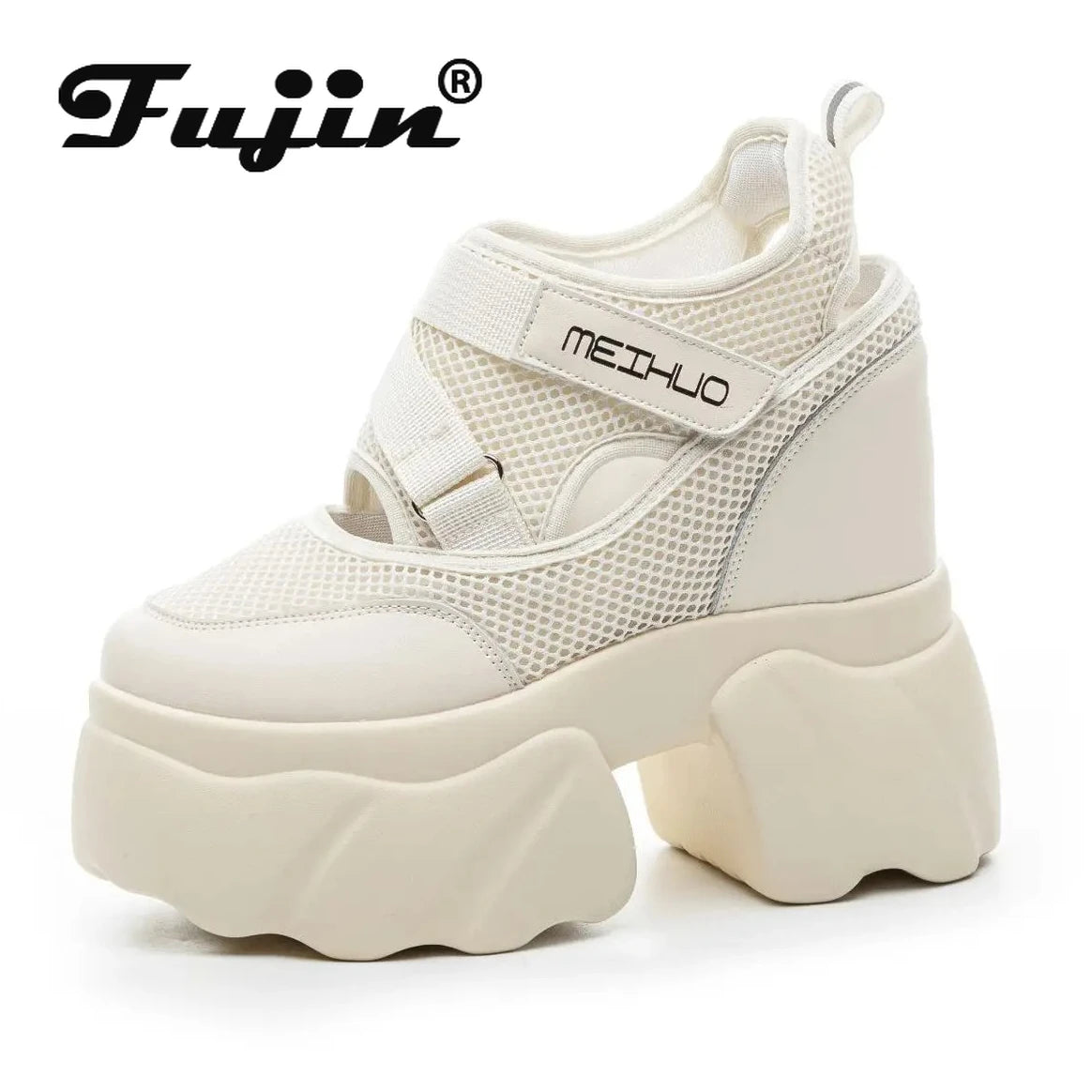 Fujin 12cm Women Summer Air Mesh Chunky Sneaker Slides Sandals Platform Wedge Microfiber Shoes Mules Shoes Hollow Platform Wedge