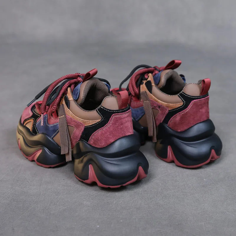 DRKANOL 2025 Women Mixed Colors Cow Suede Shoes Handmade Retro Lace-Up Round Toe Platform Thick Sole Height Increasing Dad Shoes