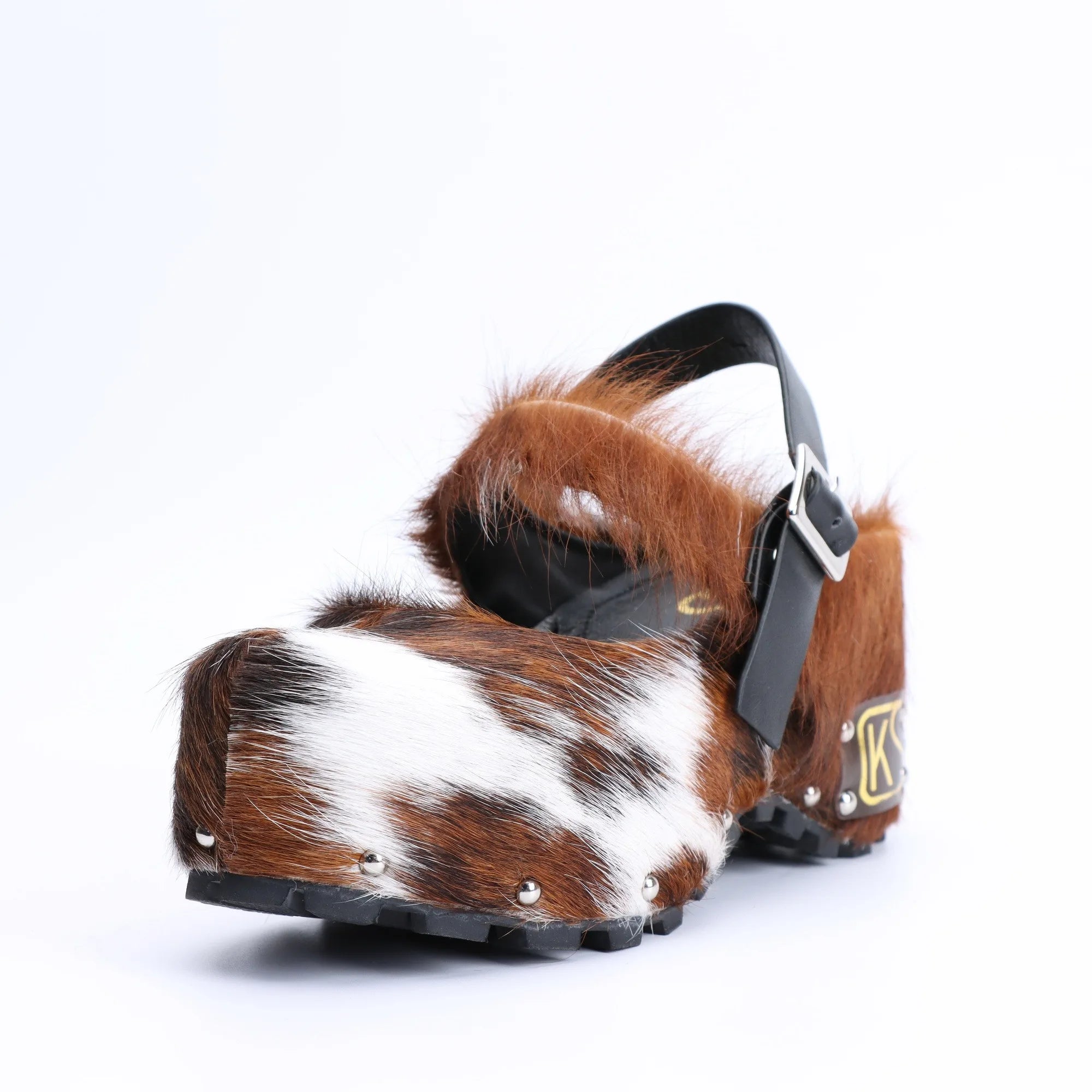 Handmade Platform Fur Clogs for Women, Arch Support Slip-On Luxury Leather Sandals with Natural Calf Hair, Studded Cowboy Style