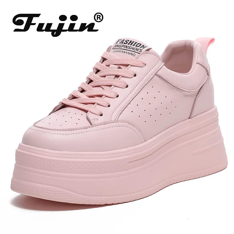 Fujin 8cm Genuine Leather Women Casual Shoes Chunky Sneakers Platform Wedge Hidden Heel Women Leisure Shoes Summer Sneaker Women