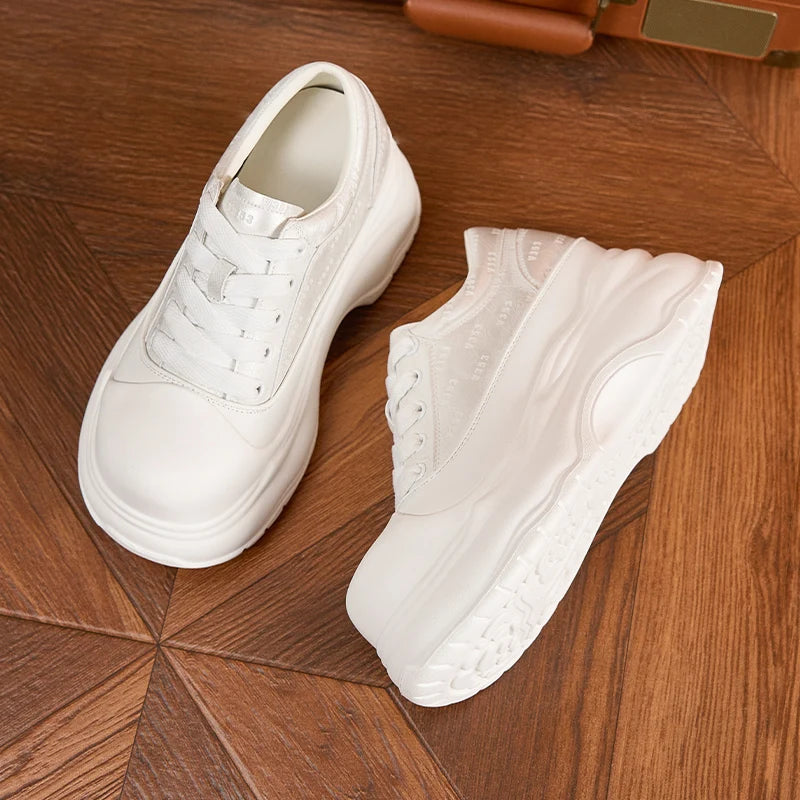 AUTUSPIN 6.5cm Chunky White Shoes for Women Summer Autumn Fashion Lace-up Platform Casual Shoes Female Flats Bottom Sneakers