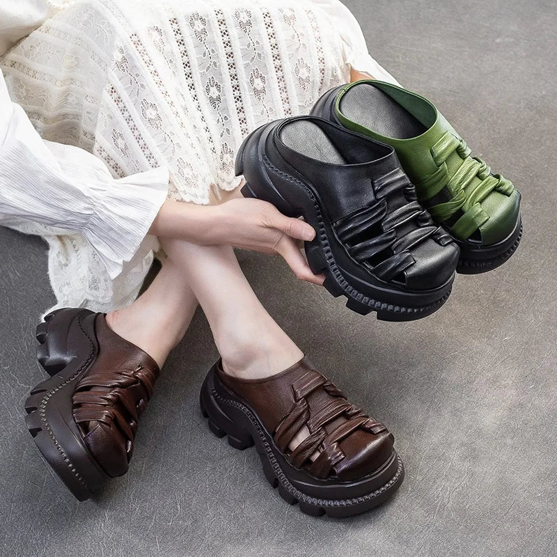 DRKANOL Women Slippers Summer 7cm Height Increasing Wedges Platform Slippers Woven Genuine Cow Leather Outside Casual Slides
