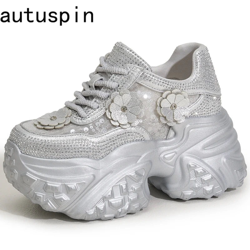AUTUSPIN 10cm Lace Shoes for Women High Platform Wedged Casual Shoes Female Outdoor Crystal Shiny Comfy Chunky Footwear Woman